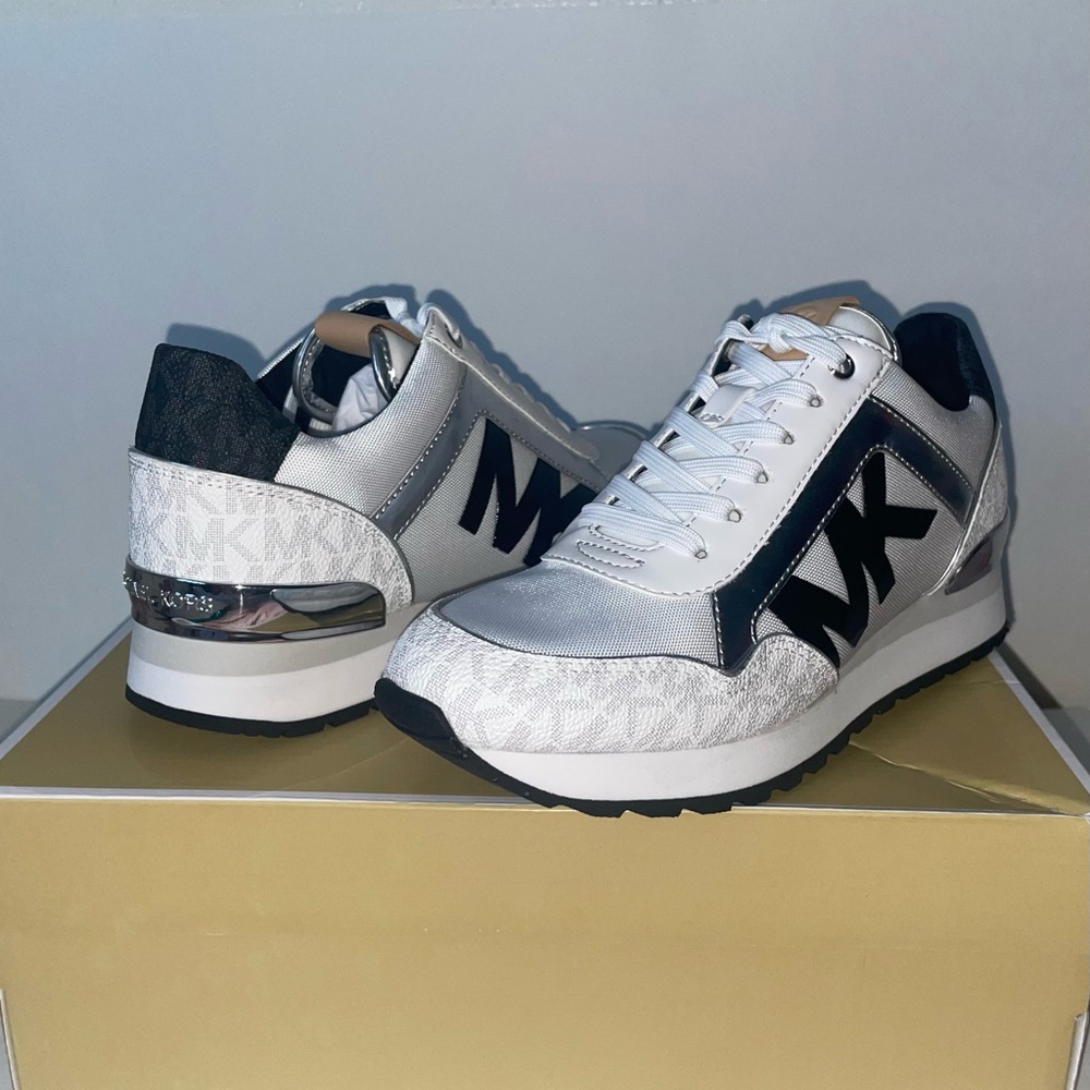 White with silver & black tennis shoes